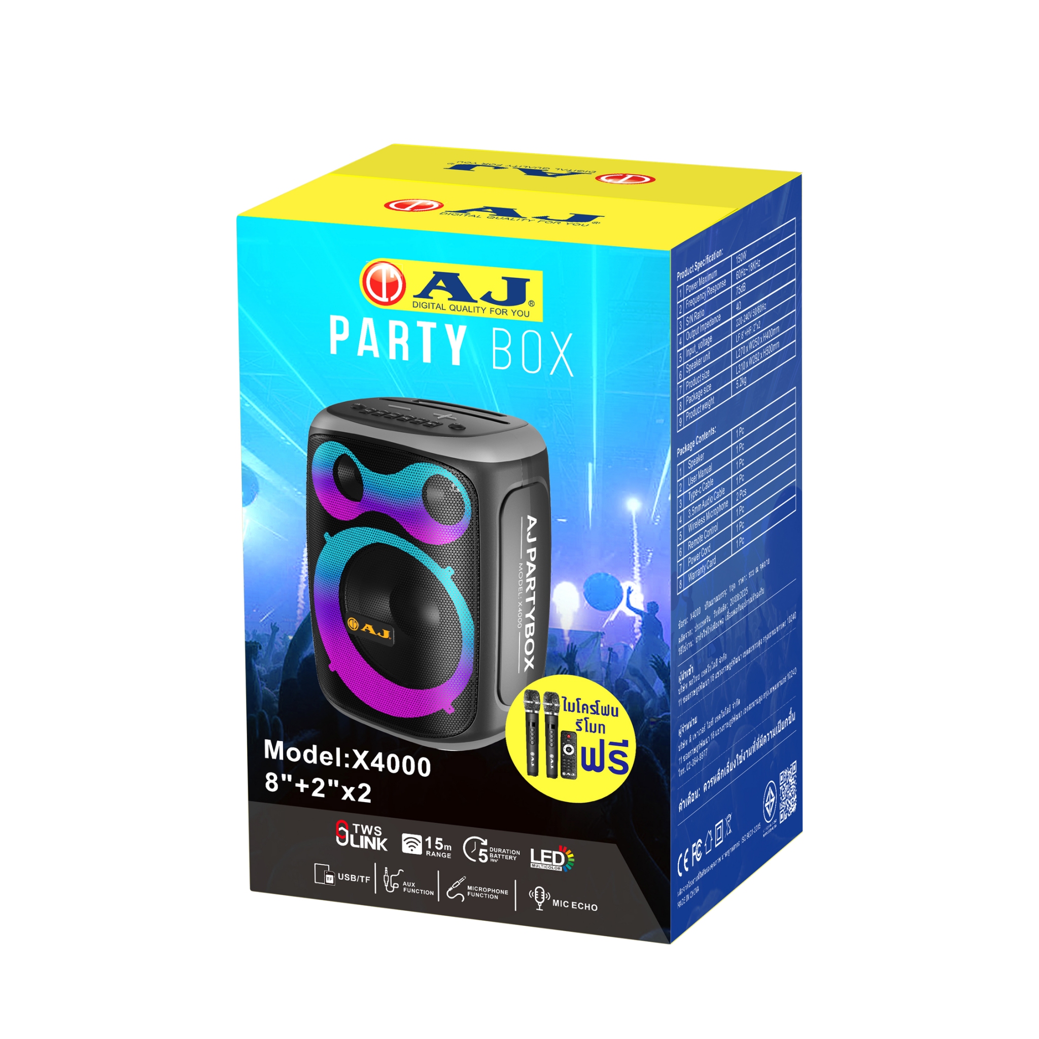 AJ X4000 ลำโพงบลูทูธ Party Box กำลังขับ 150วัตต์ ชาร์จไฟบ้านได้ แถมไมค์ลอย 2 ตัว พร้อมรีโมท รับประกัน 1 ปี