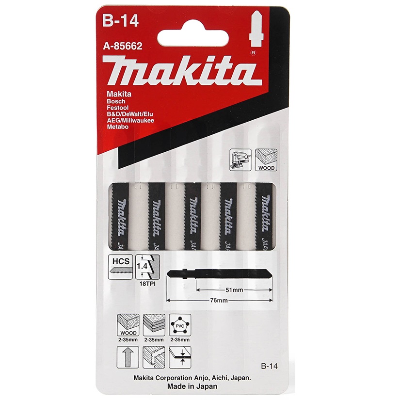 MAKITA A-85662 ใบเลื่อยจิ๊กซอว์ No.B-14 (5ใบ/แผง) ตัดไม้-พลาสติก (12TPI)