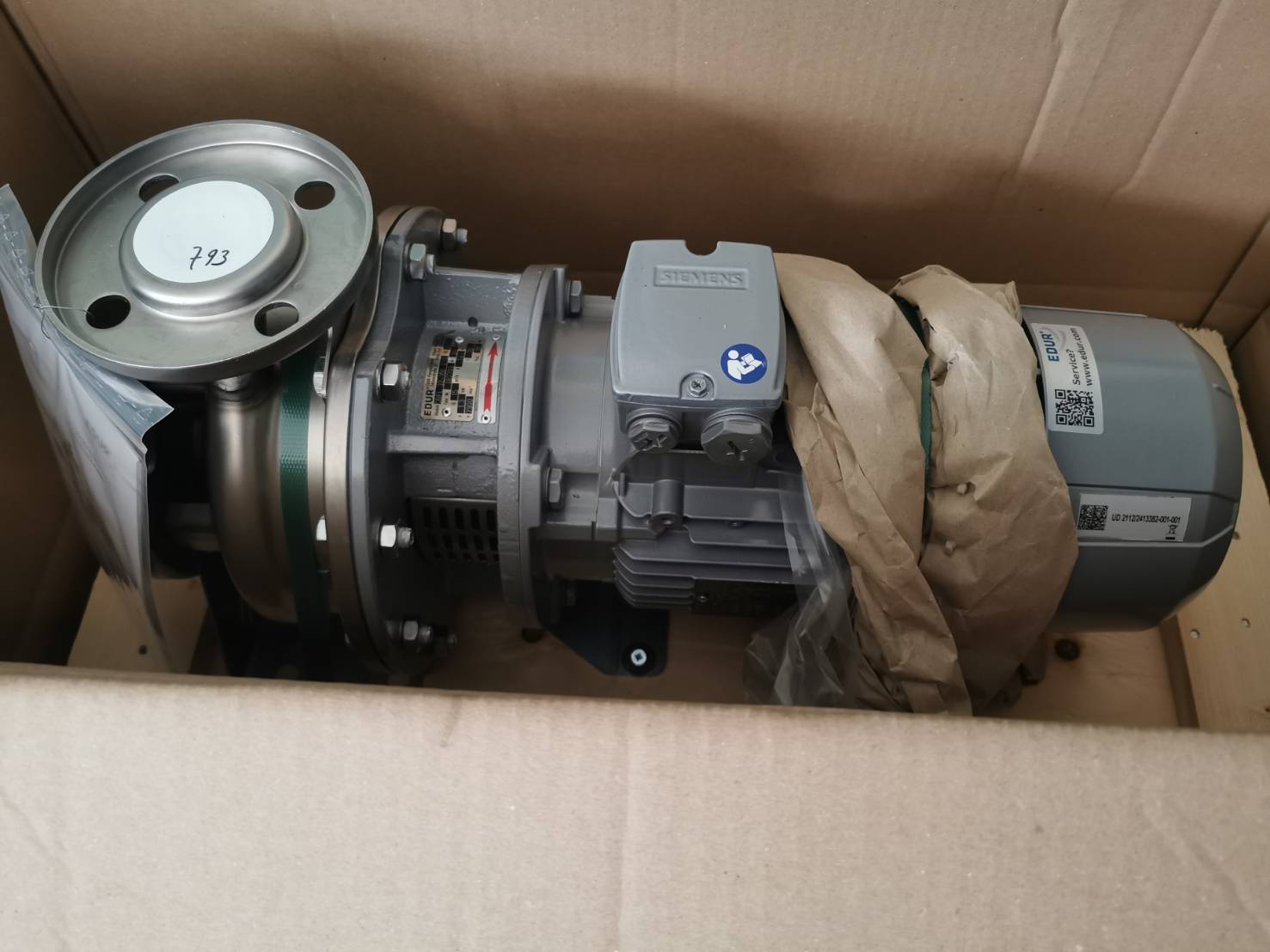 Edur Centrifugal Pump, EDUR Pumpenfabrik Eduard Redlien Edisonstrabe 33 24145 Kiel Germany, CBFL-32-150 G110, Siemen Motor IE3