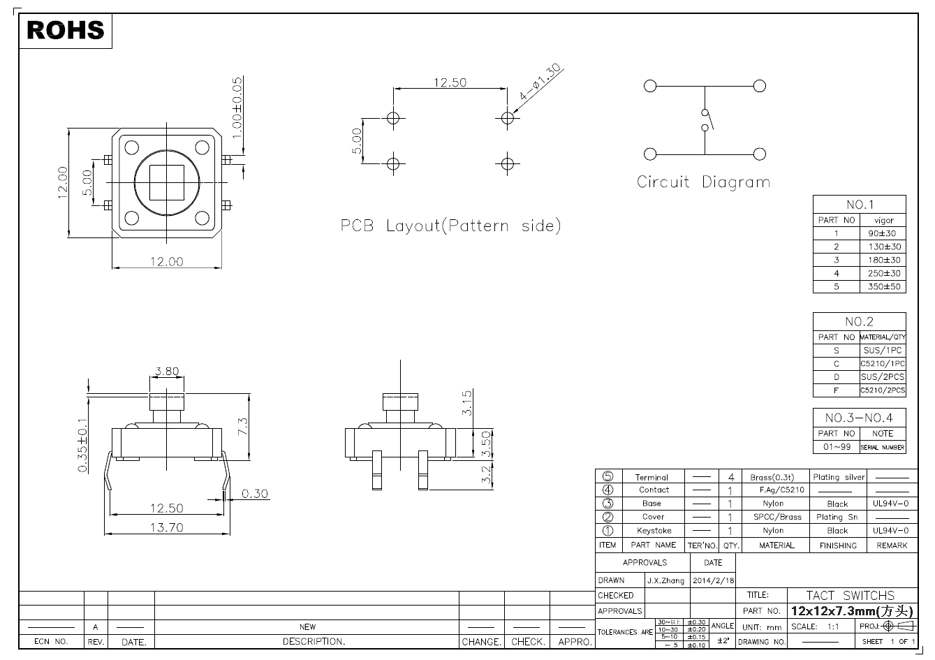 Tact switch 12X12X7.3 mm. button domestic + color button (สีนน้ำเงิน2 ชุด)