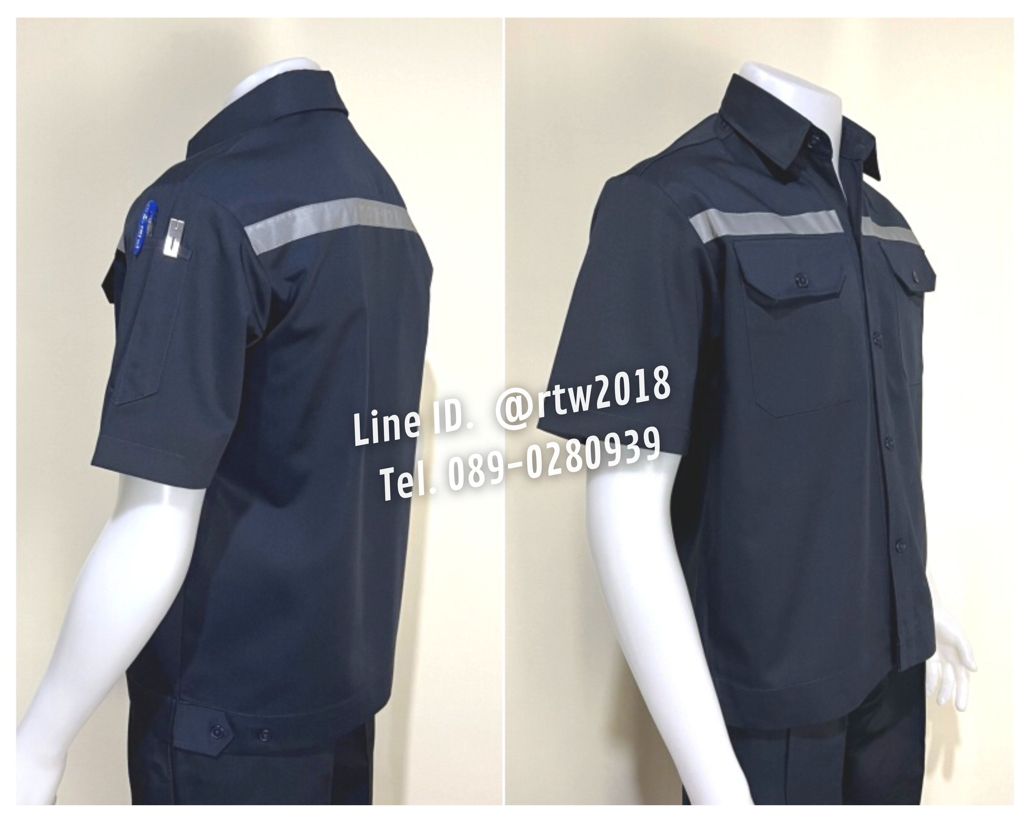 รหัส A2.1 : เสื้อช่างแขนสั้นผ้าคอมทวิวสองกระเป๋าที่อกสีกรมท่าล้วนติดสะท้อนแสง