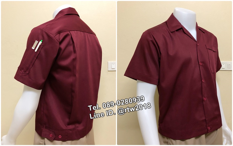 เสื้อช่างแขนสั้นแบบกระเป๋าเดียวเอวจั้มสีเลือดหมูล้วน (รหัส A12)
