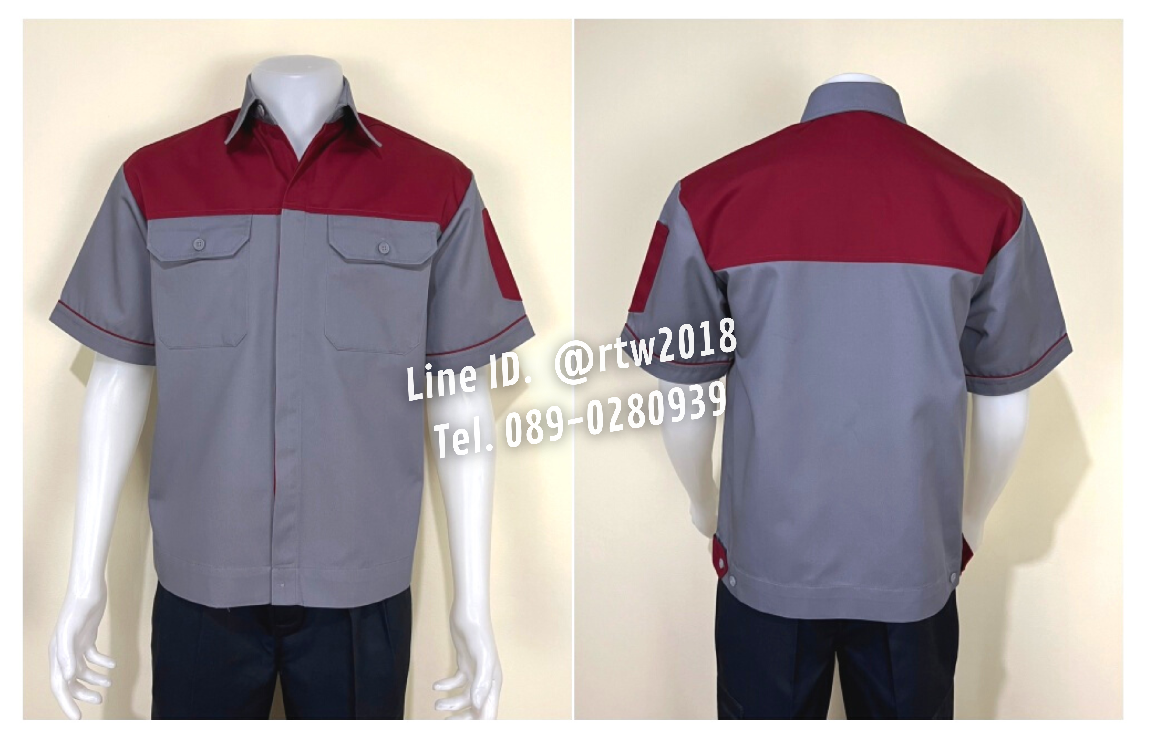 รหัส A8.9 : เสื้อช่างแขนสั้นผ้าคอมทวิวสีเทาอกเลือดหมู (ซ่อนสาบ)