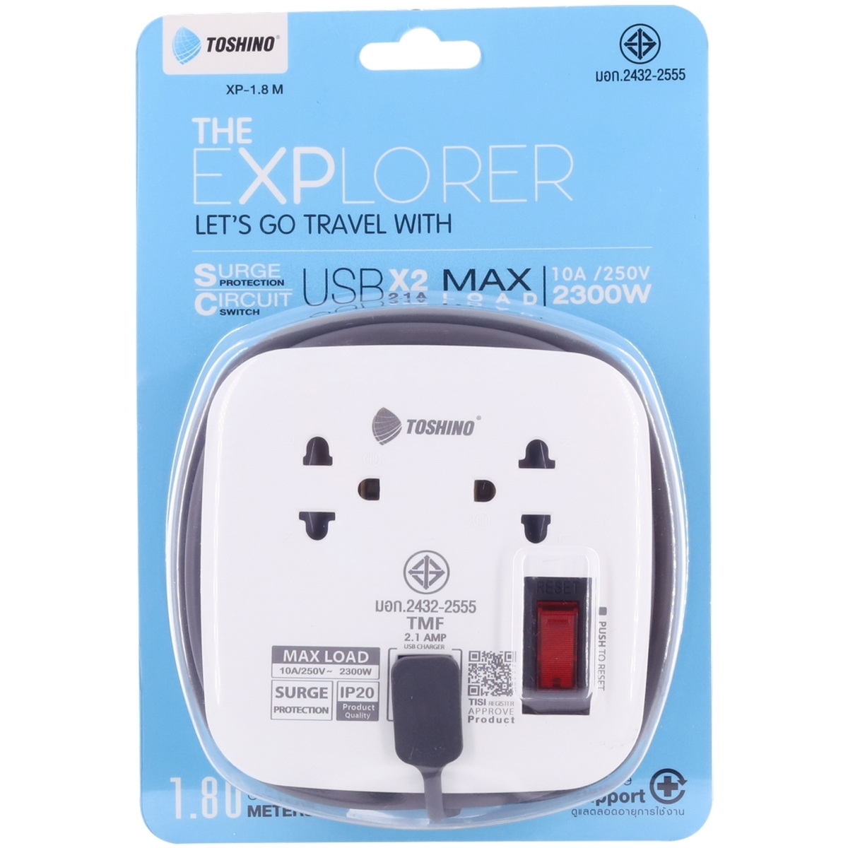 TOSHINO XP-1.8M ปลั๊กพ่วง 2ช่อง/ 2USB/ 1.8เมตร 10A/2300W