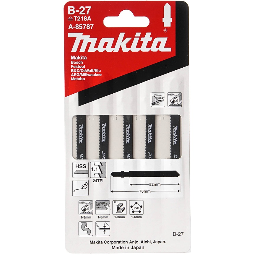 MAKITA A-85787 ใบเลื่อยจิ๊กซอว์ No.B-27 (5ใบ/แผง) ตัดเหล็กบาง (ตัดโค้ง)
