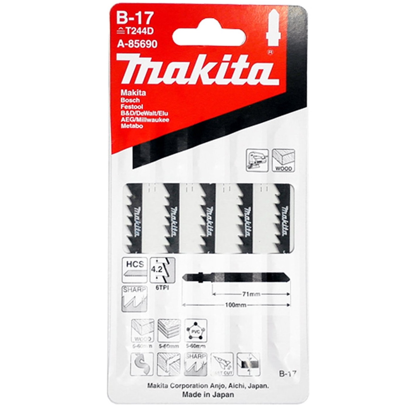 MAKITA A-85690 ใบเลื่อยจิ๊กซอว์ No.B-17 (5ใบ/แผง) ตัดไม้โค้ง ตัดเร็ว