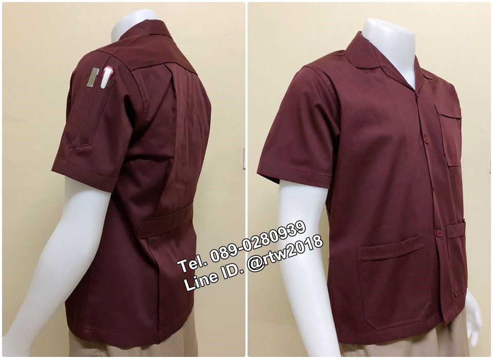 เสื้อช่างแขนสั้นแบบสามกระเป๋าสีเลือดหมูล้วน (รหัส A31)