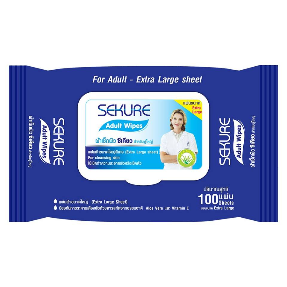 ซีเคียว ผ้าเช็ดผิวสำหรับผู้ใหญ่ รุ่นหนาพิเศษ ขนาด 100 แผ่น (Sekure Adult Wet Wipe 100's)