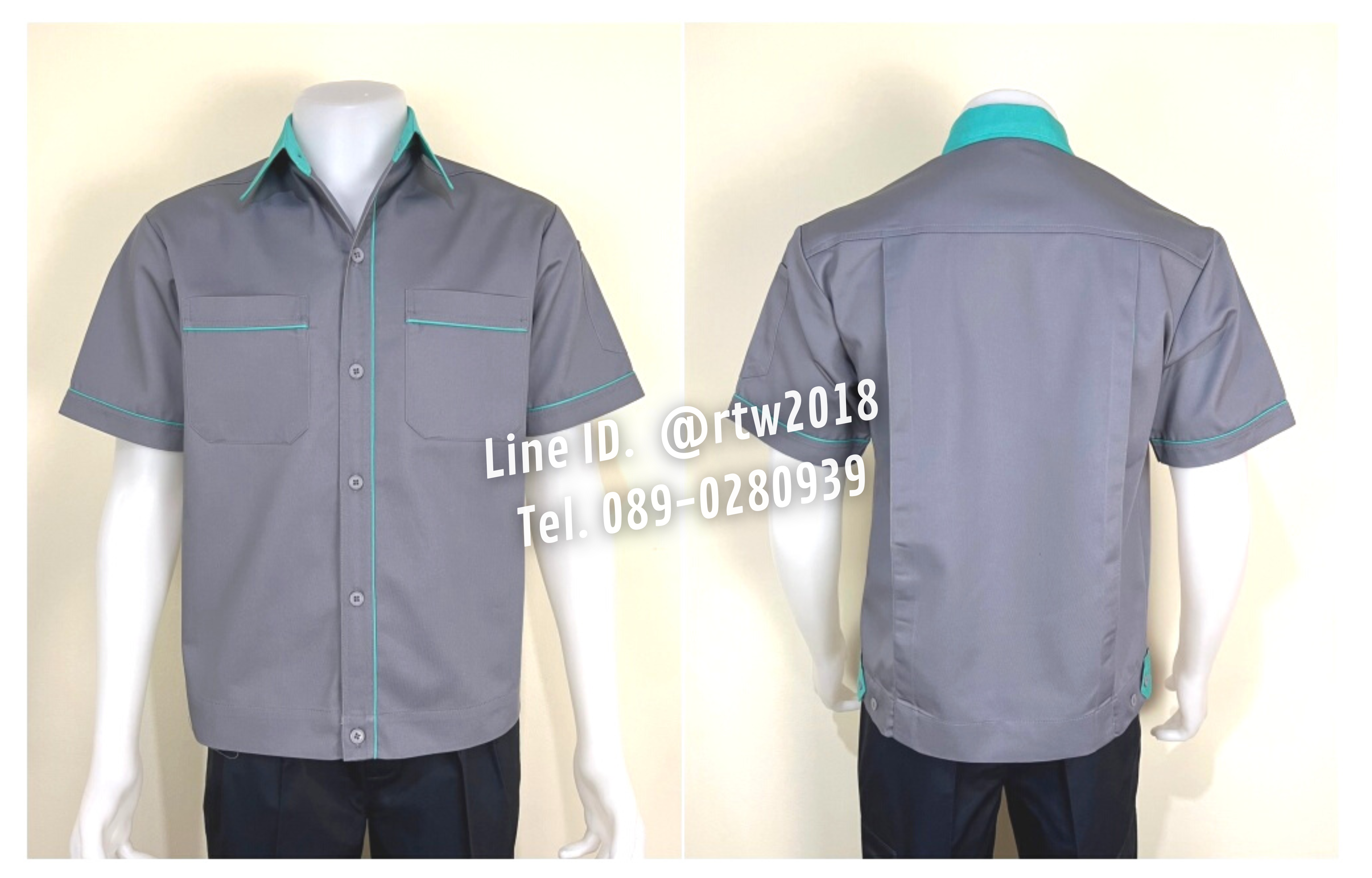 รหัส A5.8 : เสื้อช่างแขนสั้นผ้าคอมทวิวสีเทากุ้นเขียวมิ้น