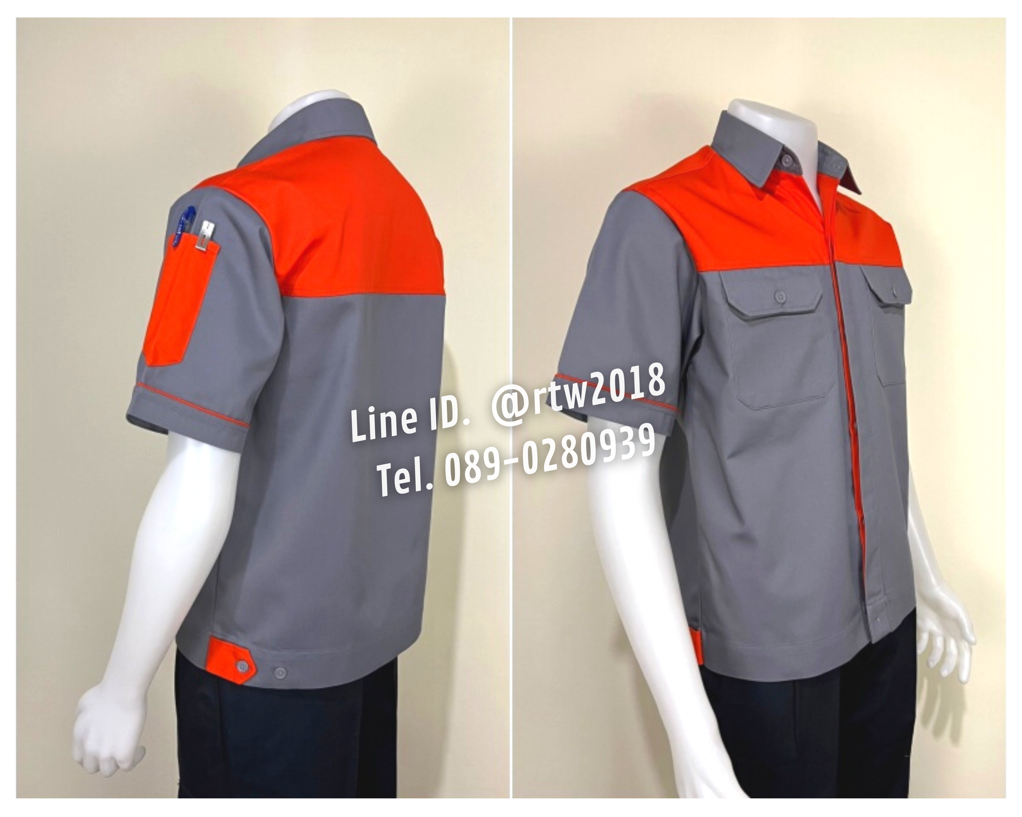 รหัส A8.7 : เสื้อช่างแขนสั้นผ้าคอมทวิวสีเทาอกส้ม (ซ่อนสาบ)