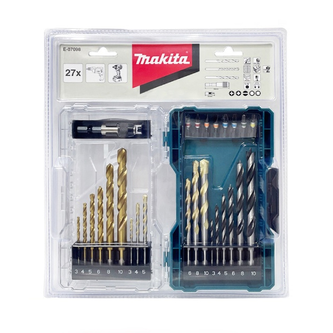 MAKITA E-07098 ชุดดอกสว่าน เจาะเหล็ก+ปูน+ไม้+ดอกไขควง+แกน (27ชิ้น)