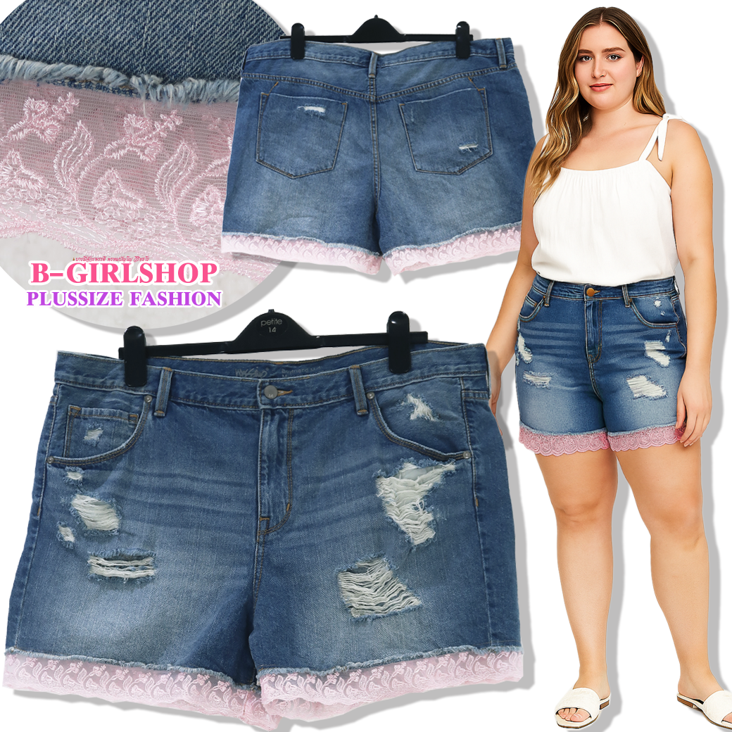 Ha6698-2 *แบรนด์นอก Mossimo* ไซส์ 18 กางเกงยีนส์ขาสั้นแต่งขาด ปลายขาต่อลูกไม้สีชมพูอ่อนเพิ่มดีเทลเก๋ รอบเอว 42 สะโพก 50 - 52 ต้นขา 31 ยาว 16 นิ้ว