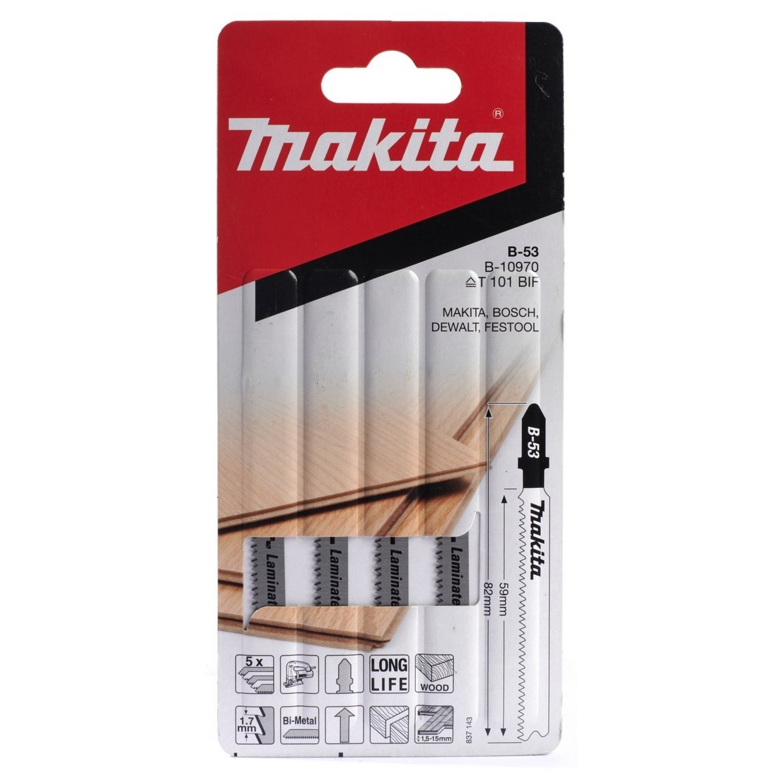 MAKITA B-10970 ใบเลื่อยจิ๊กซอว์ No.B-53 (5ใบ/แผง) T101BIF ตัดลามิเนท Laminate