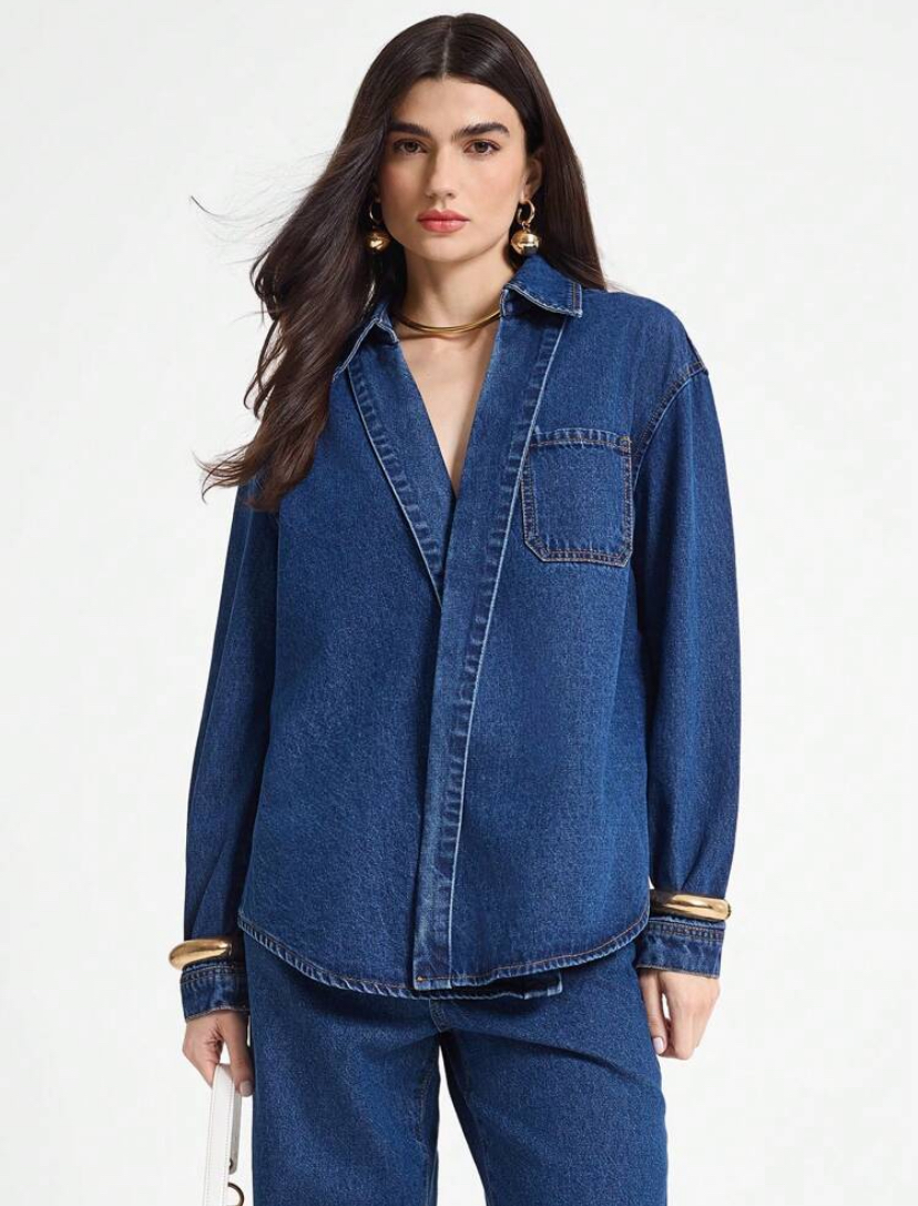 พรีออเดอร์ Daynim: denim long sleeves shirt with oblique placket