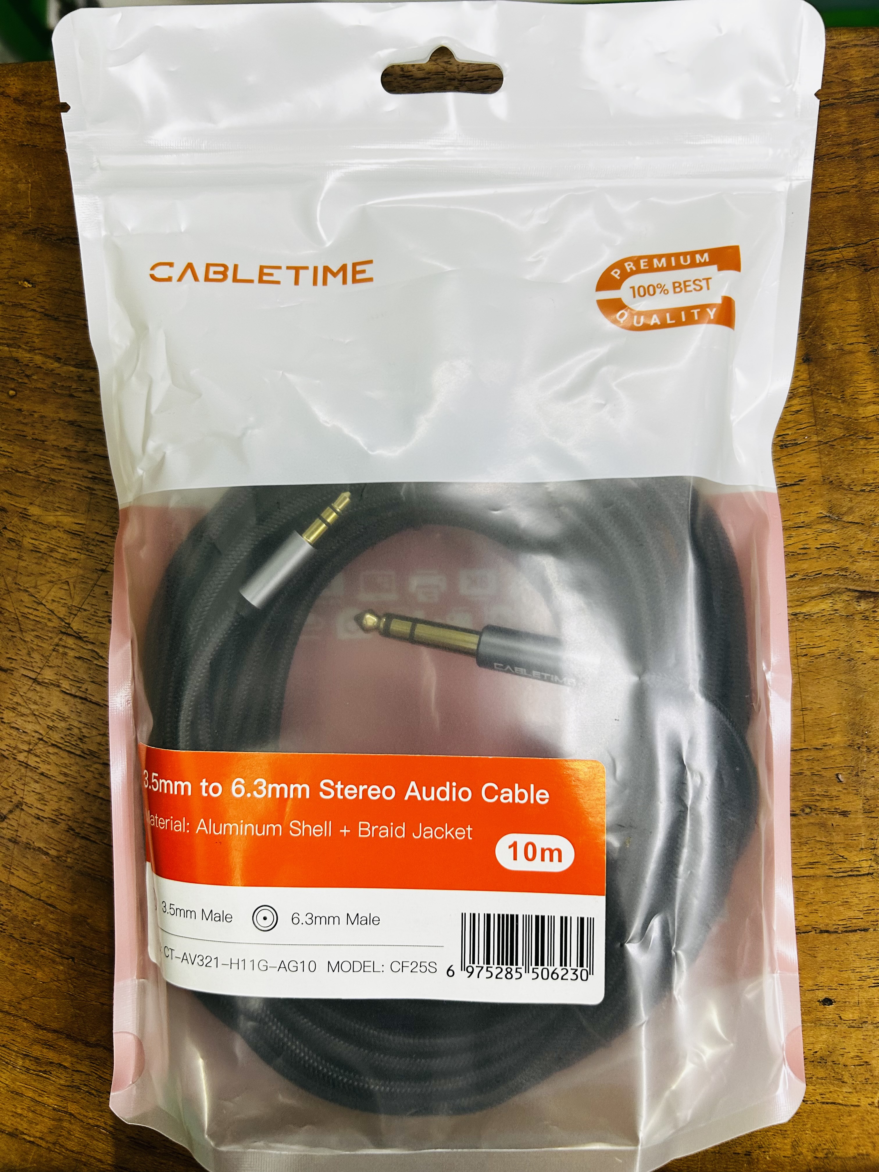 CABLETIME CF25S 3.5mm to 6.3mm Stereo Audio Cable 10m.