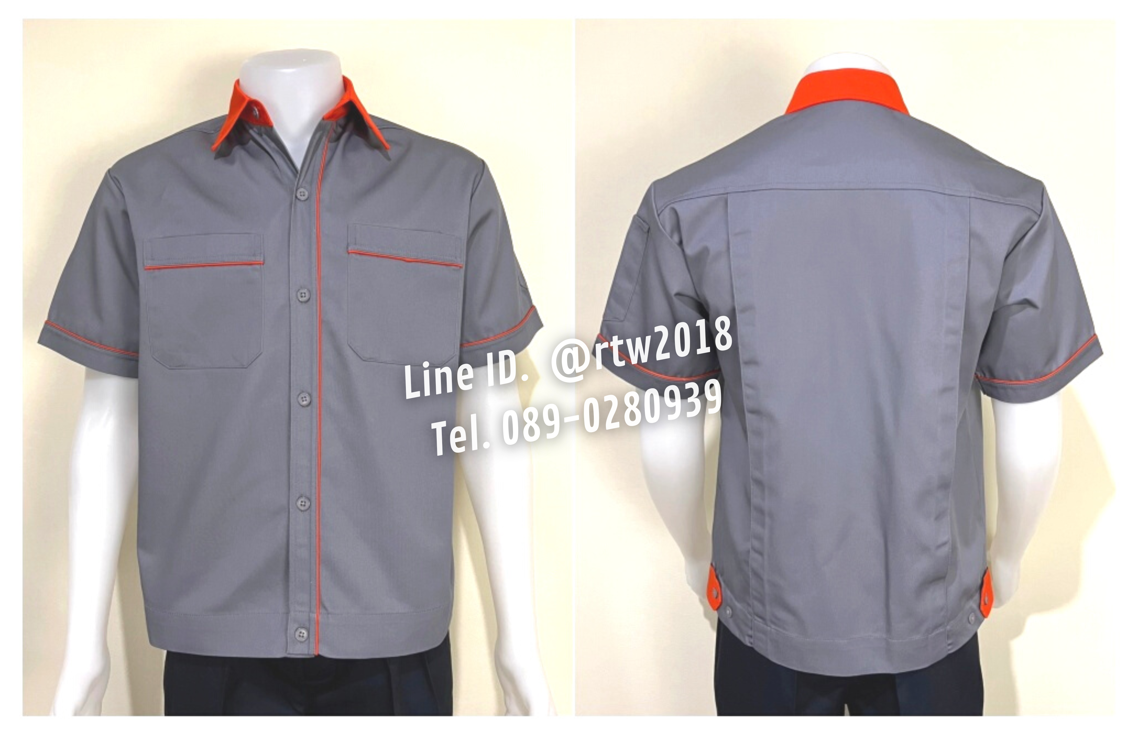 รหัส A5.10 : เสื้อช่างแขนสั้นผ้าคอมทวิวสีเทากุ้นส้ม