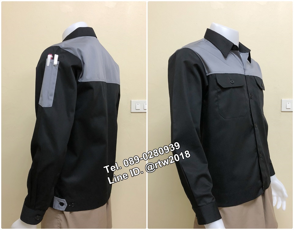 เสื้อช่างแขนยาวผ้าคอมแบบดำอกเทา (รหัส A48)
