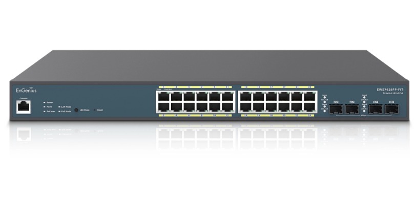 EnGenius EWS7928FP-FIT L2 Cloud FitXpress 24-Port PoE+ (802.3af/at) Gigabit EnGenius FitController Network Management + 4-Port SFP, PoE Budget 410W, Rack-Mountable Steel Case