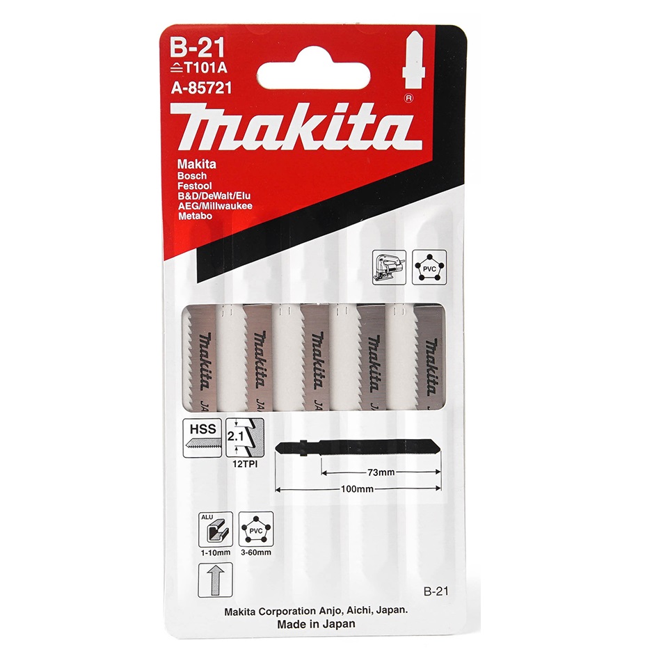 MAKITA A-85721 ใบเลื่อยจิ๊กซอว์ No.B-21 (5ใบ/แผง) ตัดพลาสติก,มิเนียม