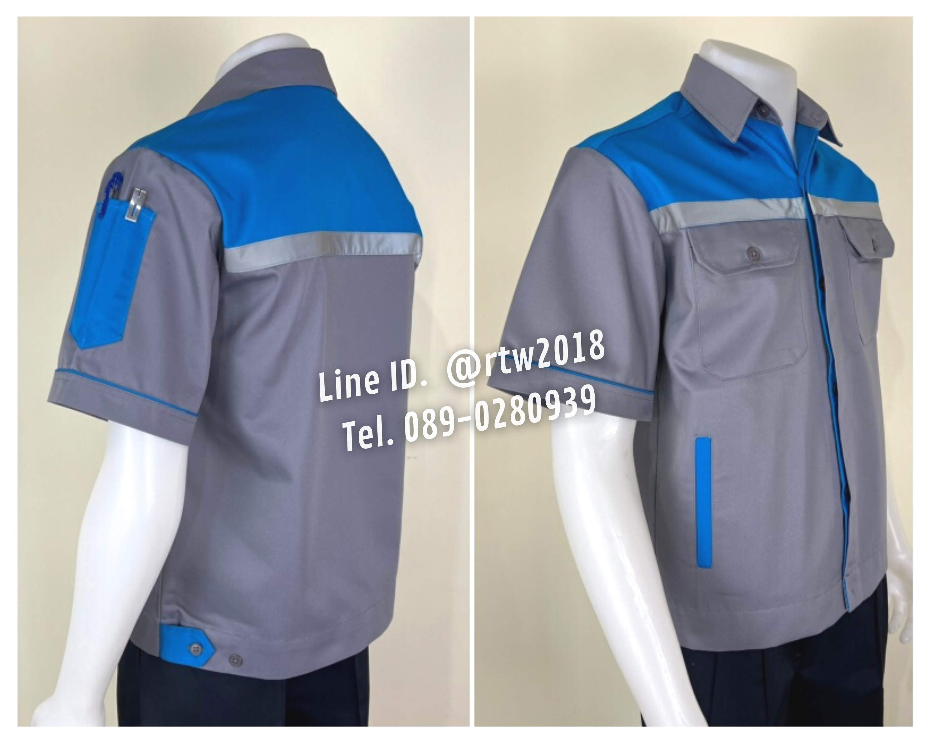 รหัส A33.2 : เสื้อช่างแขนสั้นผ้าคอมทวิว 4 กระเป๋า สีเทาอกฟ้าเข้ม (ติดสะท้อนแสง)