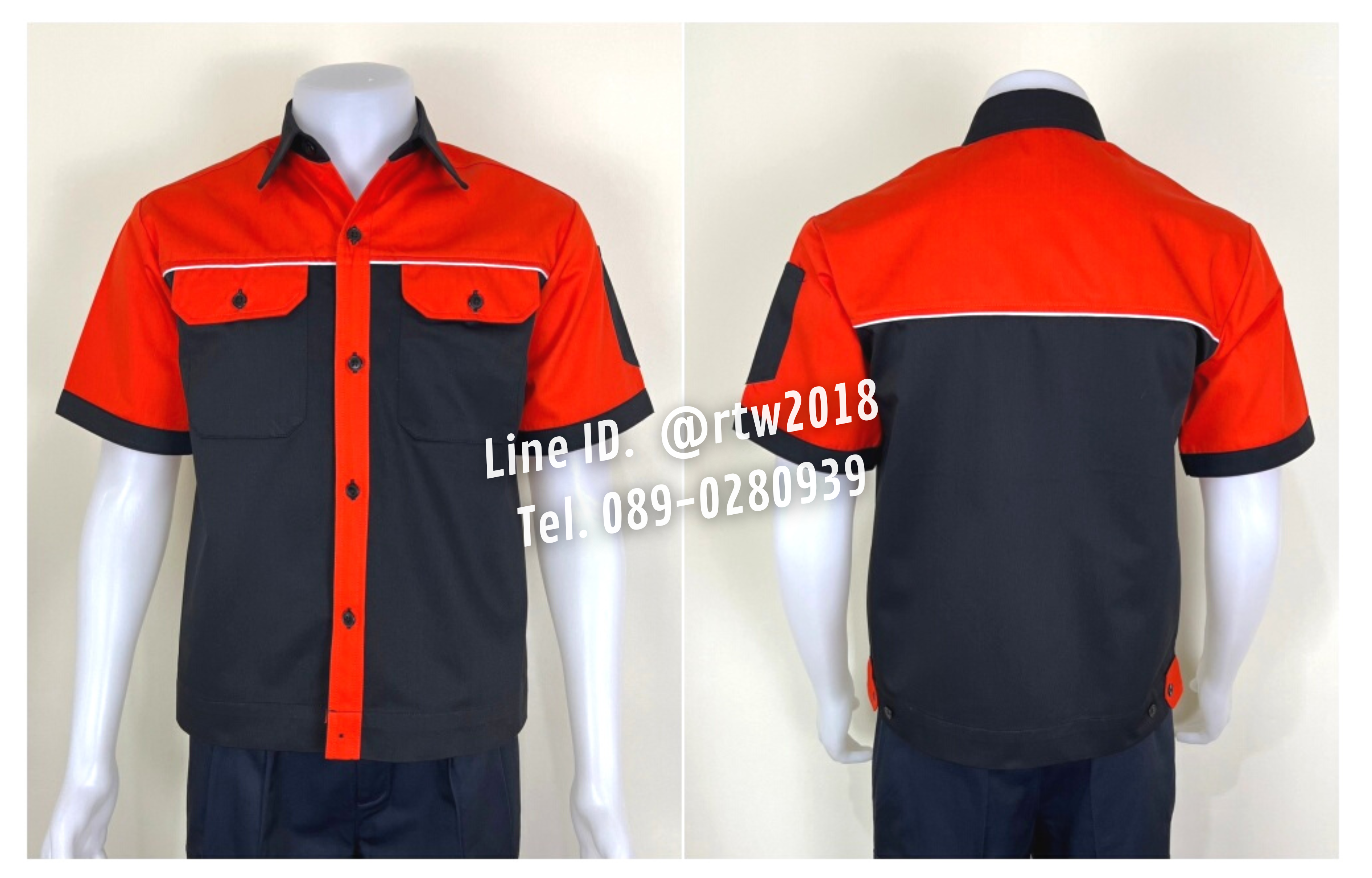 รหัส A27.2 : เสื้อช่างแขนสั้นผ้าคอมทวิวสีดำอก+แขนส้ม (กุ้นขาว)