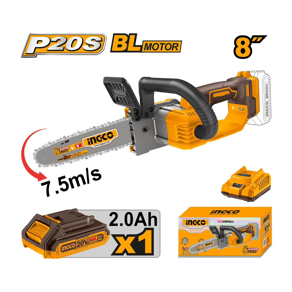 INGCO CGSLI20851 เลื่อยโซ่ไร้สาย 8" 20V แบตx1