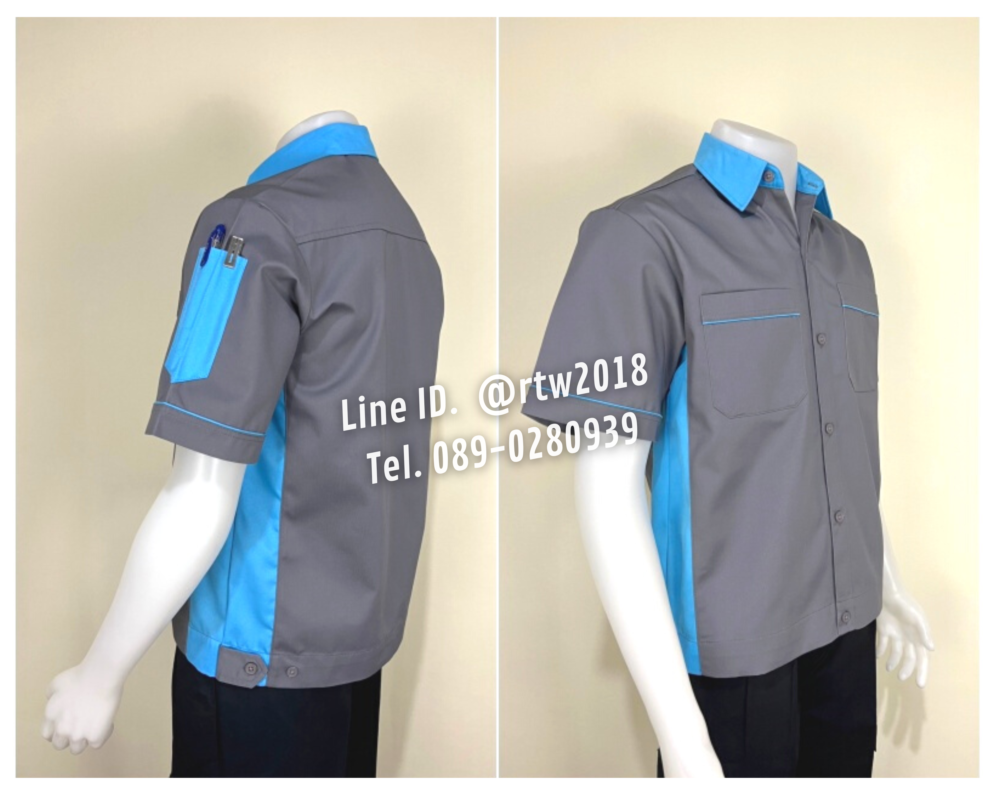 รหัส A11.2 : เสื้อช่างแขนสั้นผ้าคอมทวิวสีเทาข้างฟ้าอ่อน