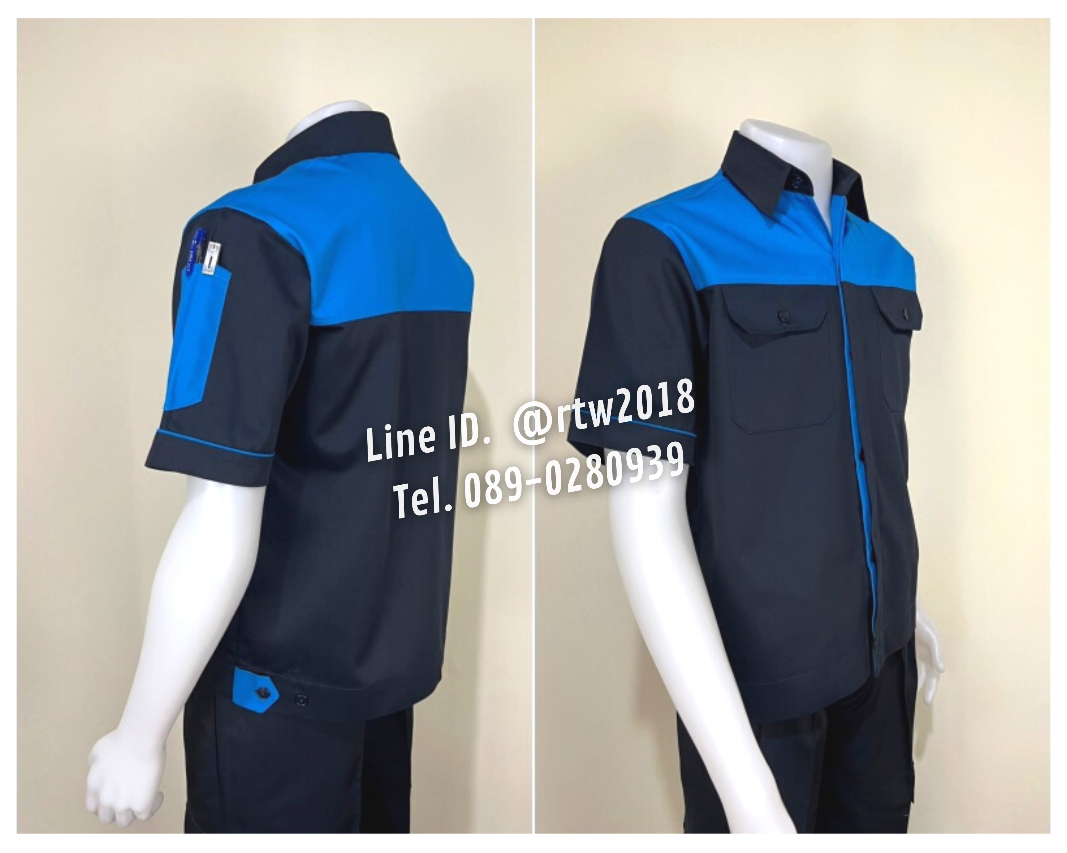 รหัส A9.2 : เสื้อช่างแขนสั้นผ้าคอมทวิวสีกรมท่าอกฟ้าเข้ม (ซ่อนสาบ)