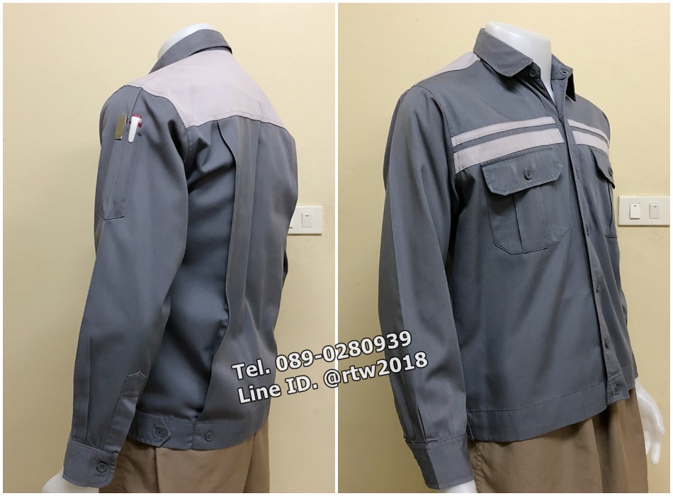 เสื้อช่างแขนยาวผ้าคอมแบบสีเทาคาดอกขาวคู่ (รหัส A63)
