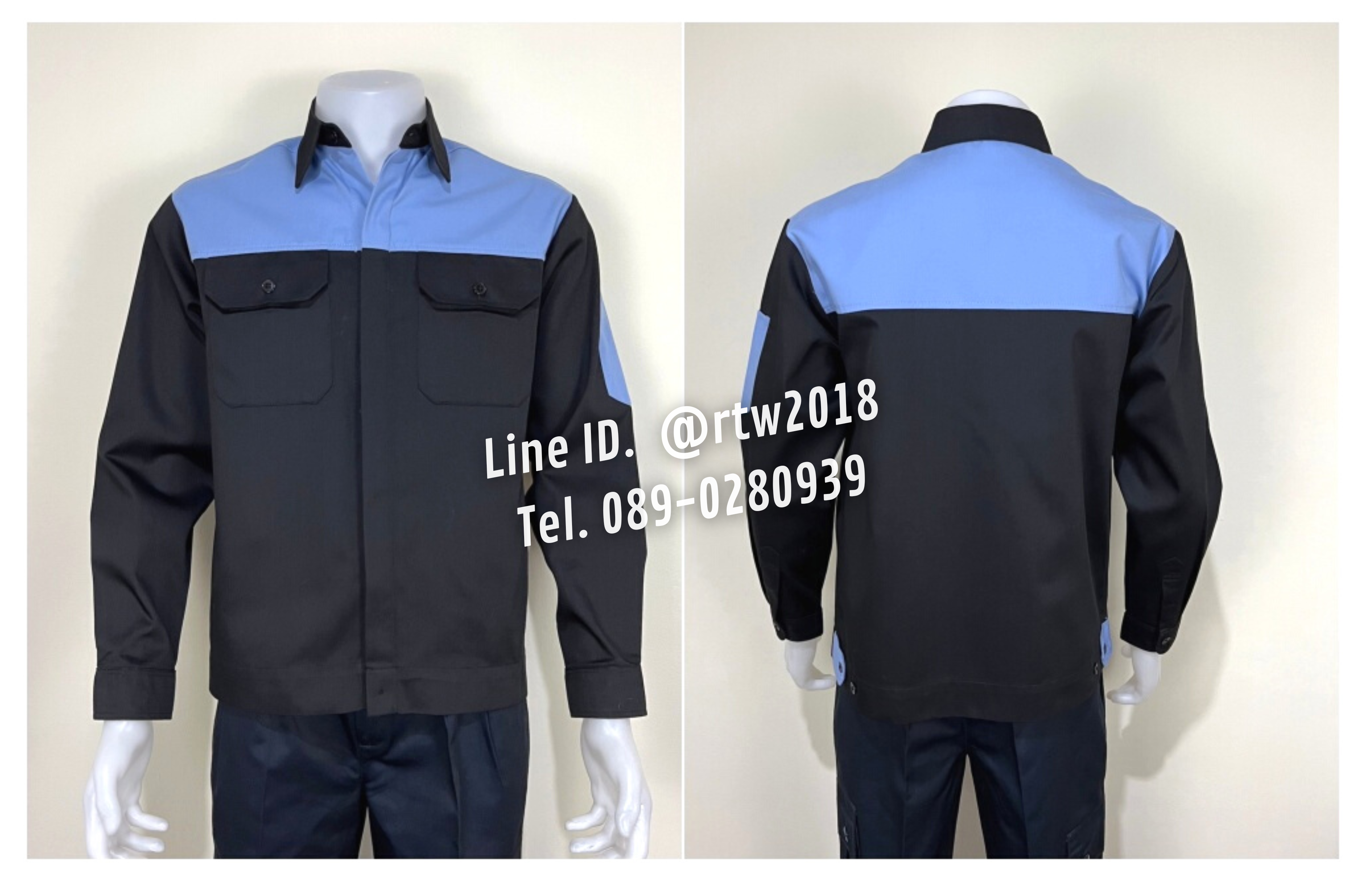 รหัส AB4.8 : เสื้อช่างแขนยาวผ้าคอมทวิวสีดำอกฟ้า (ซ่อนสาบ)