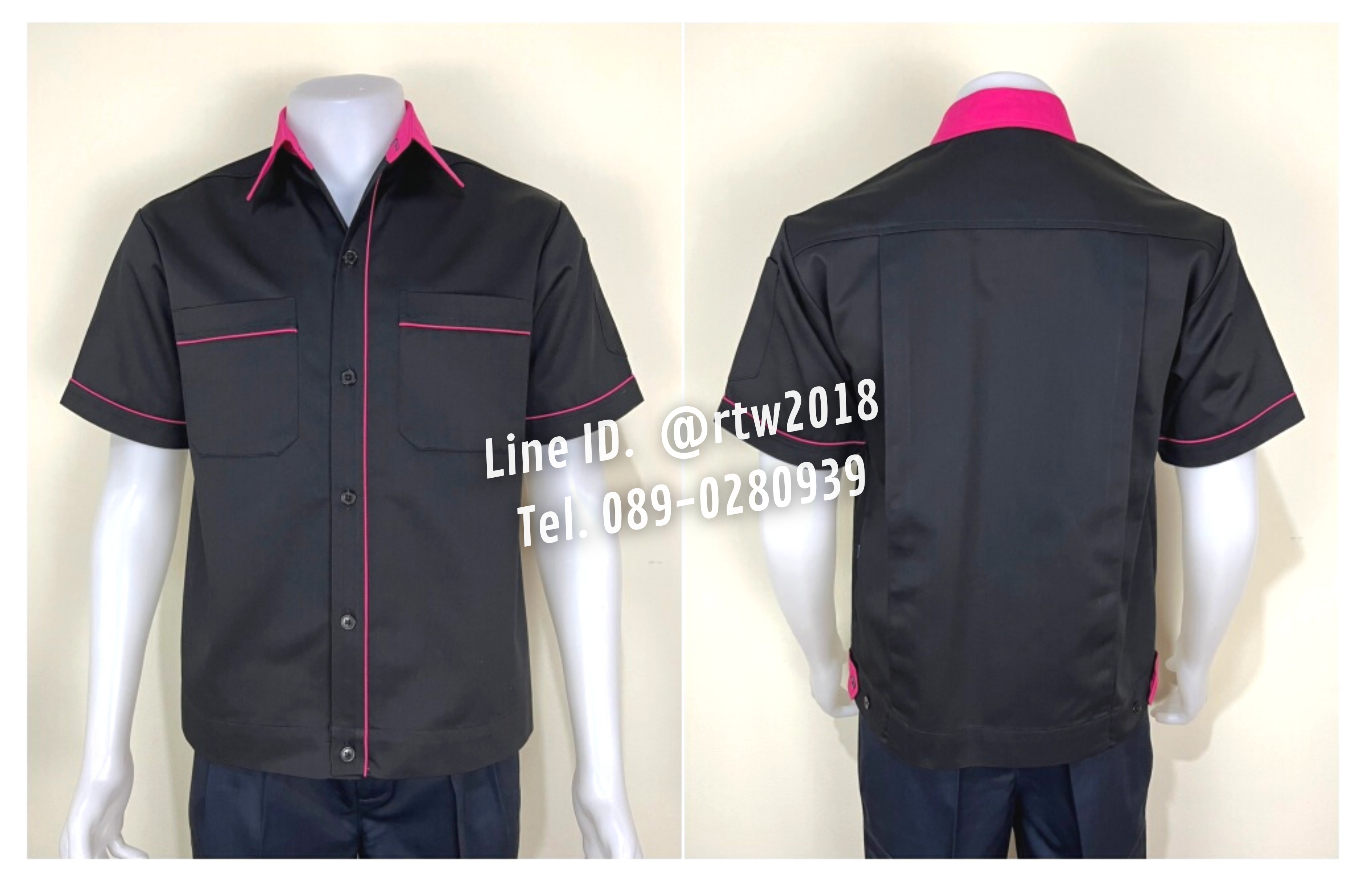 รหัส A7.11 : เสื้อช่างแขนสั้นผ้าคอมทวิวสีดำกุ้นชมพูเข้ม