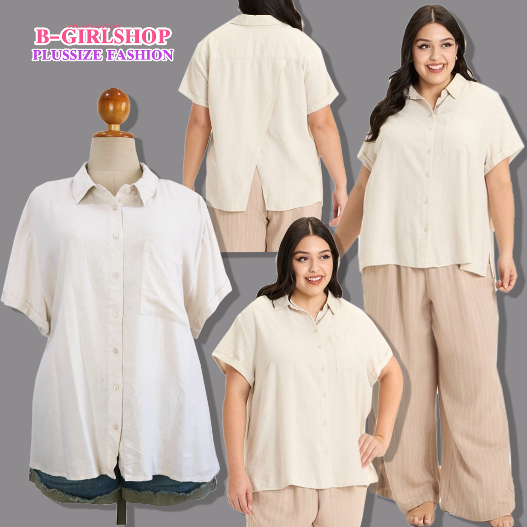 Ha6788 *แบรนด์นอก Ava* ไซส์ 3x เสื้อเชิ๊ตผ้าลินินผสมเนื้อดี ทรงแขนสั้นกระดุมหน้า หลังป้าย สีเบจเก๋ รอบอก 60 วงแขน 28 ชาย 64 ยาว 30 นิ้ว