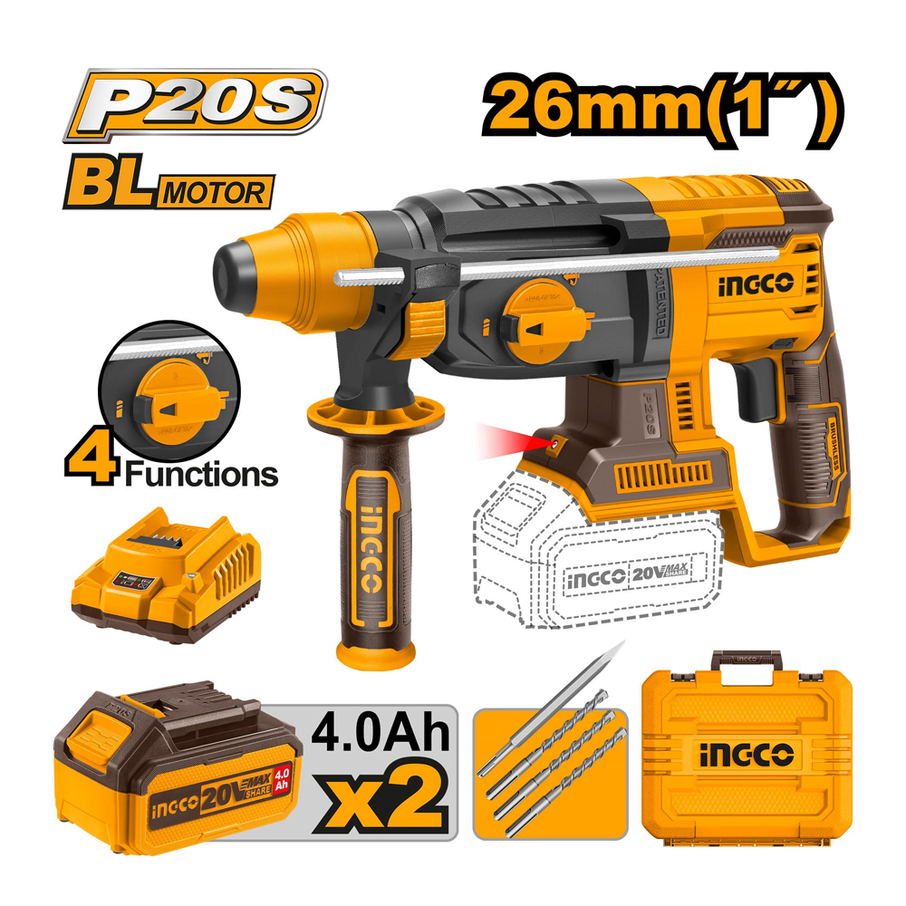 INGCO CRHLI202287 สว่านโรตารี่ไร้สาย 4 ระบบ 26mm 20V แบตx2
