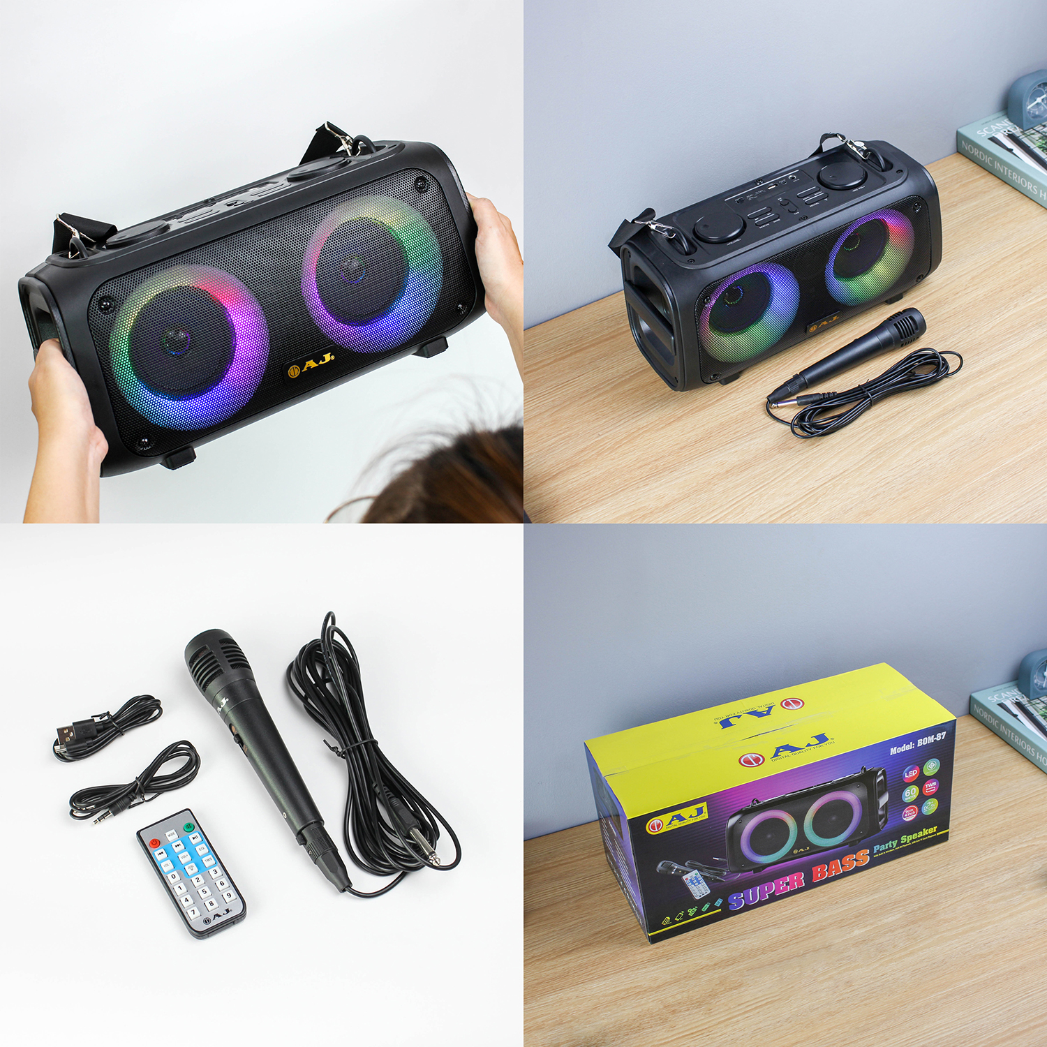 AJ ลำโพงบลูทูธ รุ่น BOM-87W กำลังขับ 60วัตต์ แถมฟรี!ไมค์ลอย ไฟ LED เปิด-ปิดได้ รับประกัน 1 ปี