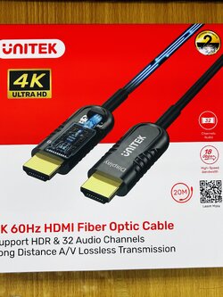 Unitek Y-C1030BK 4K 60Hz HDMI Fiber Optical Cable 20m.Support HDR &32 Audio Channels Long Distance A/V Lossless Transmission