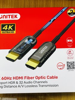 Unitek Y-C1031BK 4K 60Hz HDMI Fiber Optical Cable 30m.Support HDR &32 Audio Channels Long Distance A/V Lossless Transmission