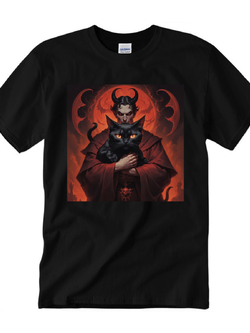 เสื้อยืดพิมพ์ลายซาตานและแมวดำ