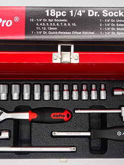 บ็อกชุด AMPRO รู 1/4" 18 ชิ้น (มิล) ขนาด 6 เหลี่ยม (PARABOLA)