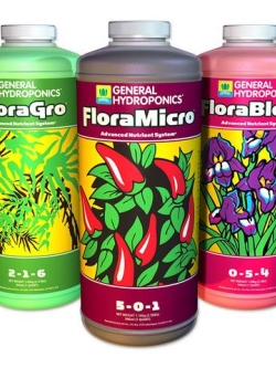 สารอาหารแบบน้ำเพื่อทดแทนปุ๋ย สูตรดอกดก กลิ่นหอม 'Flora Series' General Hydroponics Flora Grow, Bloom, Micro Combo Fertilizer set, 1 Quart (Pack of 3)