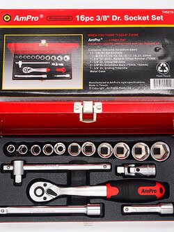 บ็อกชุด AMPRO รู 3/8" 16 ชิ้น (มิล) ขนาด 6 เหลี่ยม (PARABOLA)